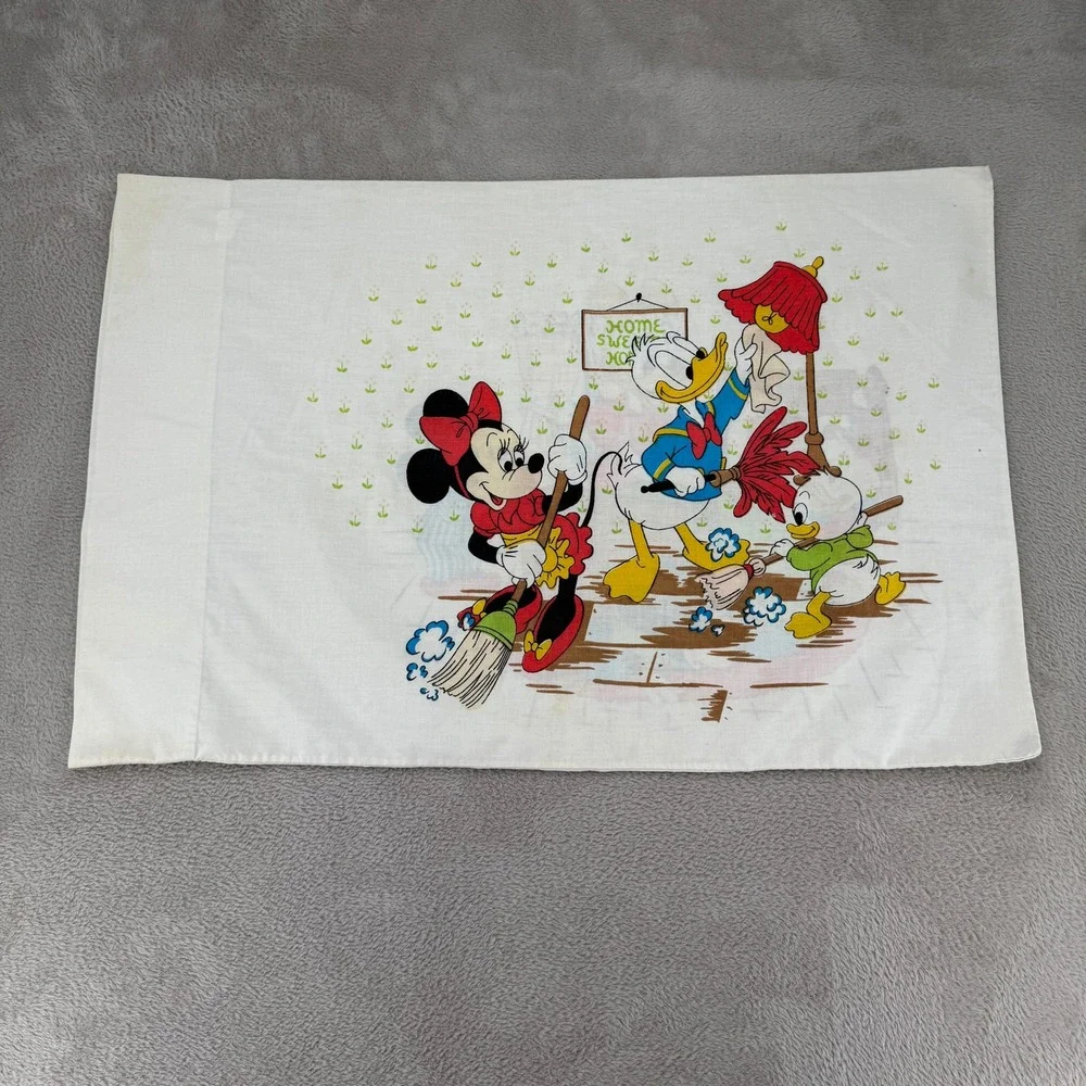 VTG 70s Disney Mickey Mouse Club Chores‎ Pillowcase White Donald Daisy Minnie